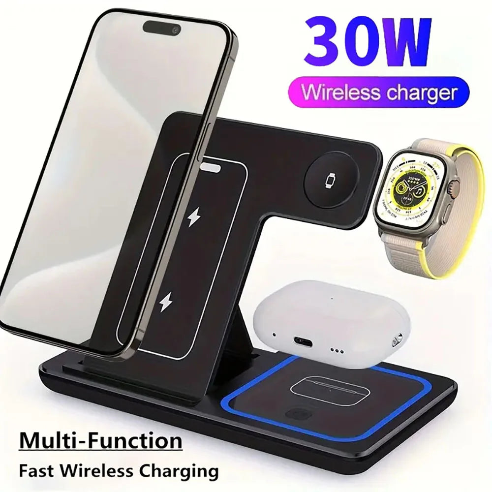 3 In 1 LED Fast Wireless Charger Stand Foldable Charging Station