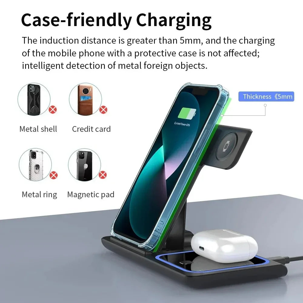 3 In 1 LED Fast Wireless Charger Stand Foldable Charging Station